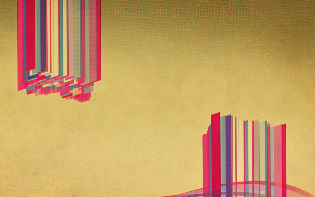 Minimalist Retro Wallpaper: Colorful Vertical Lines on Golden Background