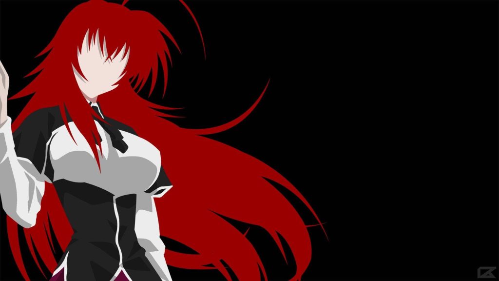 Minimalist vector anime wallpaper of Rias Gremory with vibrant red hair on black background