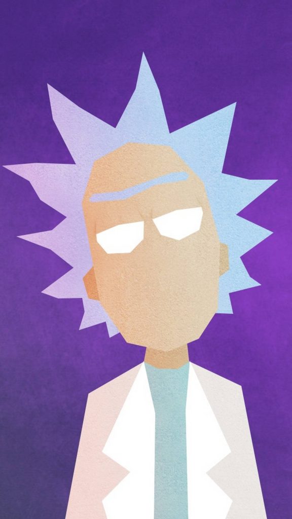 Minimalist Rick Sanchez wallpaper with spiky blue hair on vibrant purple textured background