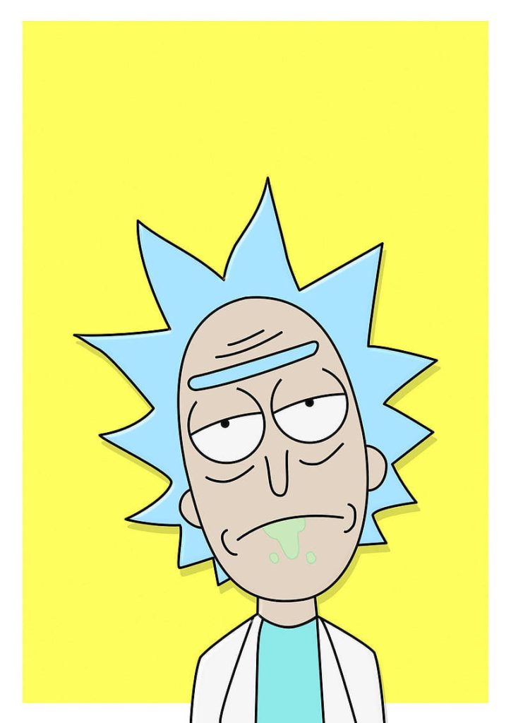 Minimalist Rick Sanchez wallpaper with blue spiky hair on vibrant yellow background for fans