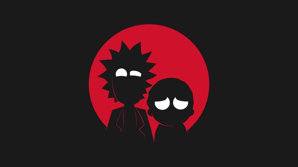 Minimalist Rick and Morty wallpaper black silhouettes Rick and Morty droopy eyes red circle background