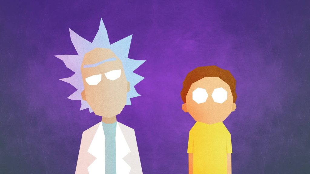 Minimalist Rick and Morty digital art on textured purple background flat modern wallpaper