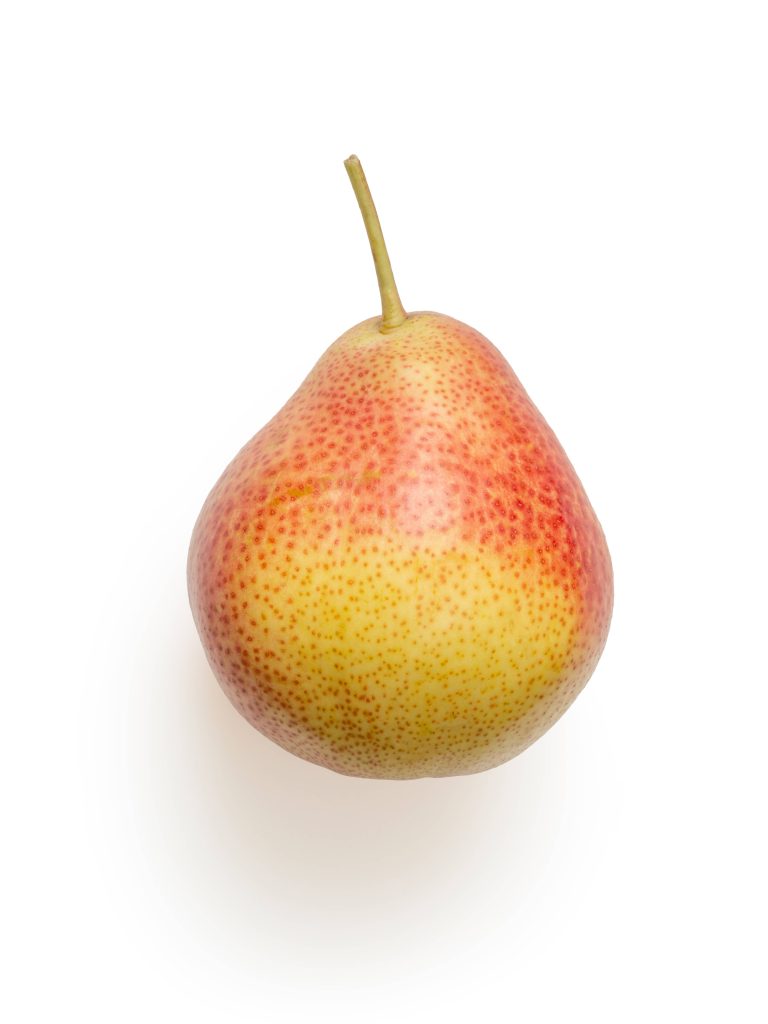 Minimalist wallpaper of ripe red and yellow pear on white background for desktop decor