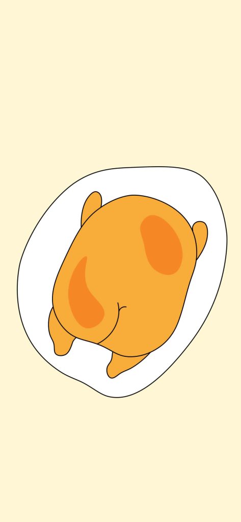 Minimalist cartoon golden roasted chicken viewed from behind on soft yellow background wallpaper