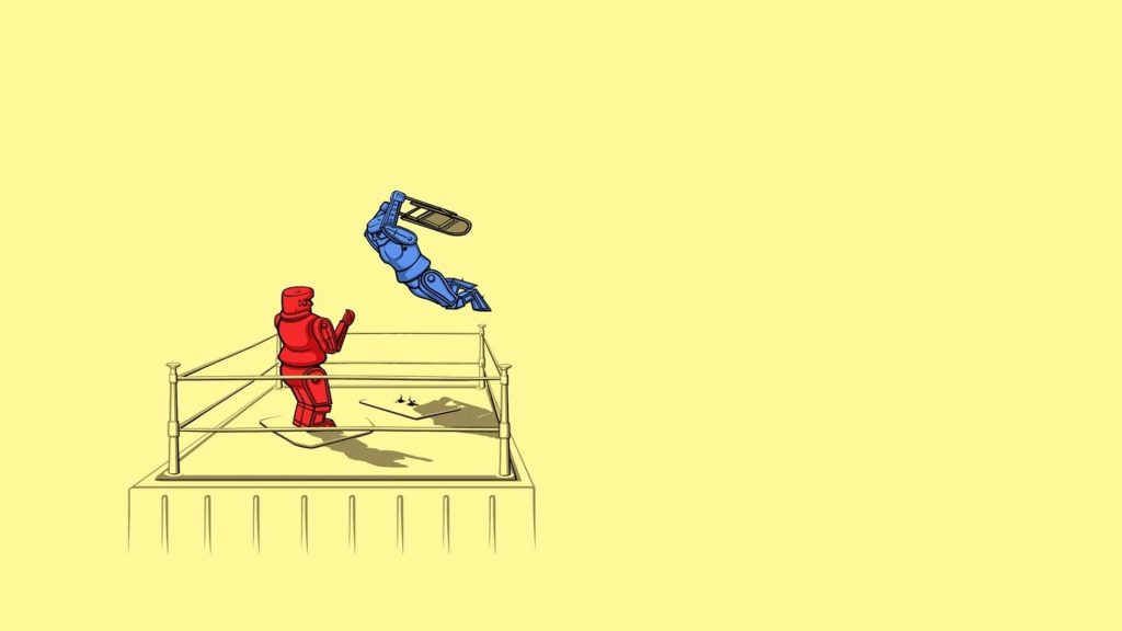 Minimalist wallpaper of blue robot wrestling red robot with steel chair on soft yellow background