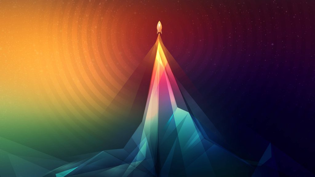 Minimalist rocket with colorful geometric exhaust on vibrant radial background wallpaper