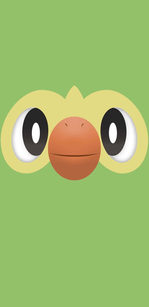 Minimalist Rowlet Pokemon wallpaper closeup flat-vector Grass-type face sage green background