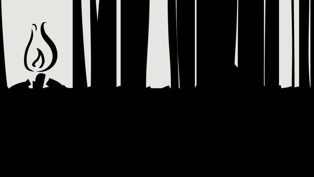 Minimalist Rust game wallpaper with stylized campfire and black forest silhouette vector art