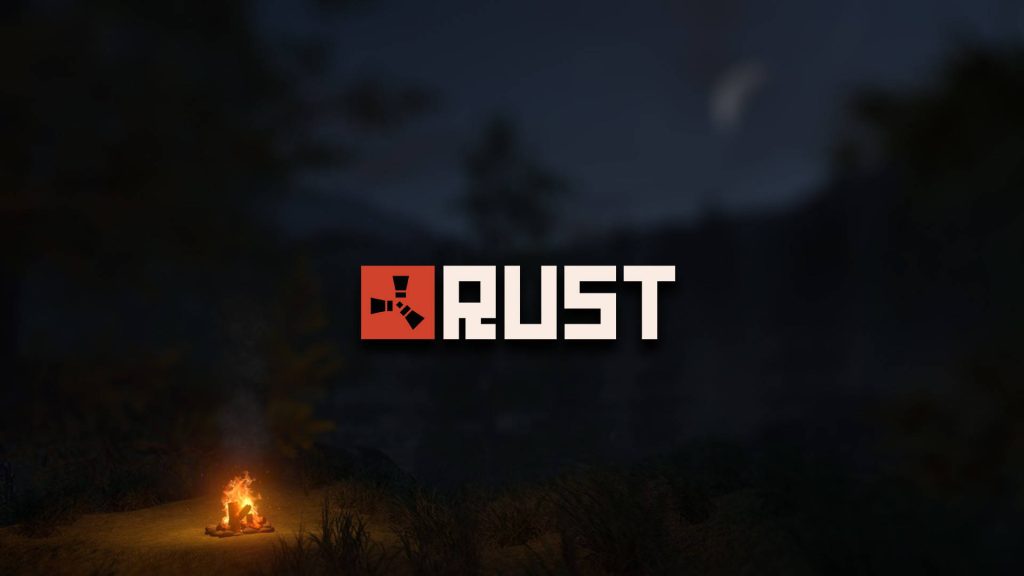 Rust game wallpaper with glowing campfire and iconic logo in dark night wilderness background