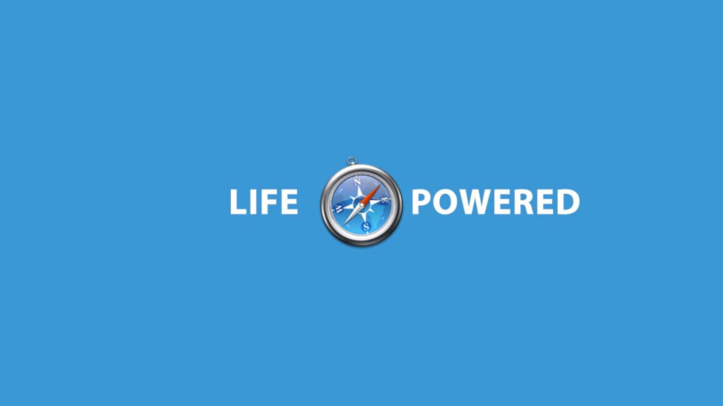 Minimalist Safari wallpaper blue background compass logo centered between Life and Powered text