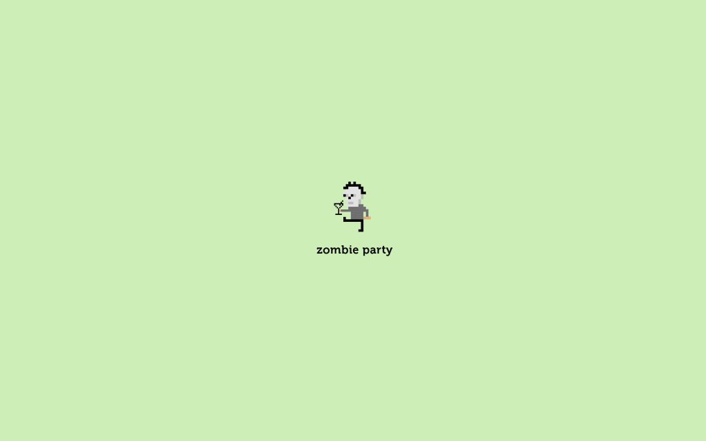 Minimalist sage green pixel art wallpaper with Michael Myers and playful zombie party text