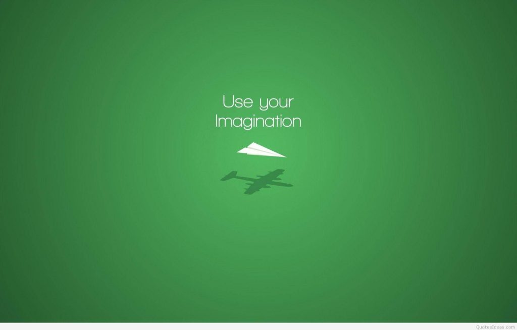 Minimalist sage green wallpaper with Use your Imagination text and paper plane turning propeller plane shadow