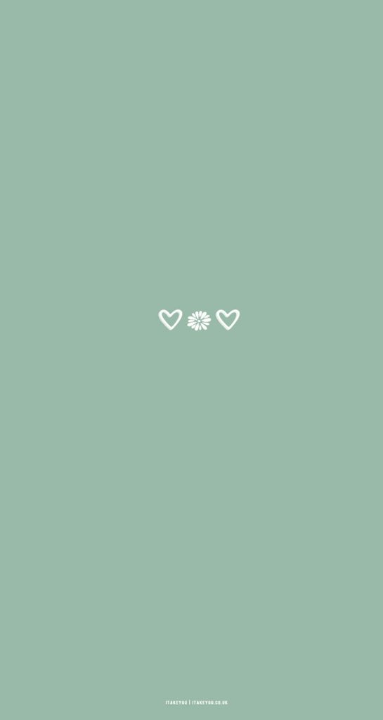 Minimalist sage green wallpaper with white daisy and heart outlines for serene phone background