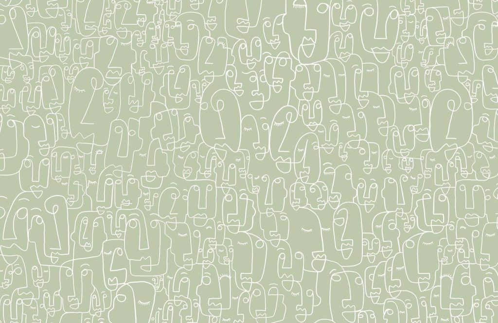 Minimalist abstract desktop wallpaper with sage green background and white continuous line art faces