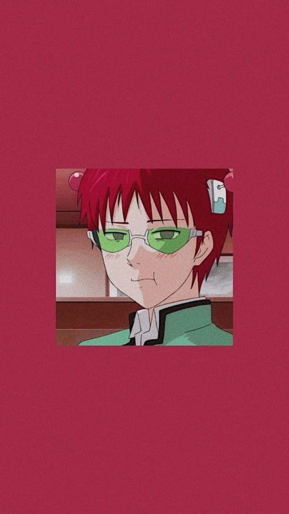 Minimalist anime wallpaper of Saiki Kusuo with green glasses and pink hair on red background