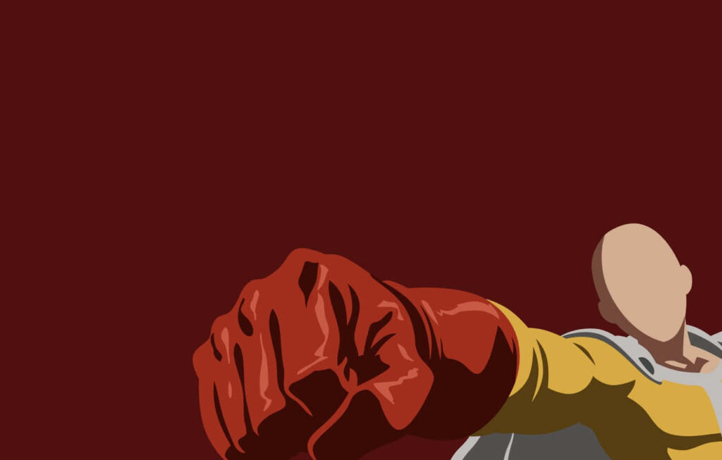 Minimalist Saitama Wallpaper: Iconic Punch on Maroon Background