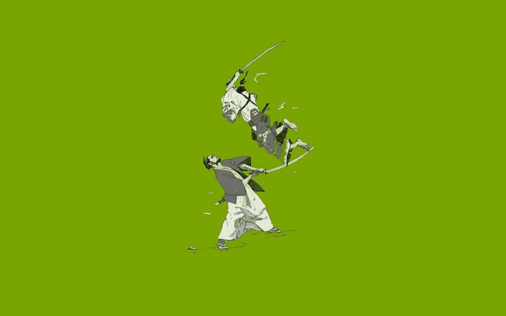 Minimalist Samurai Duel Wallpaper on Vibrant Green Background