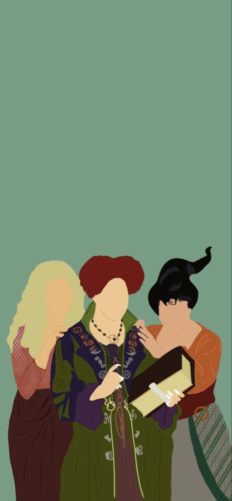 Minimalist digital art of faceless Sanderson Sisters in witch costumes with spellbook on green background Wallpaper