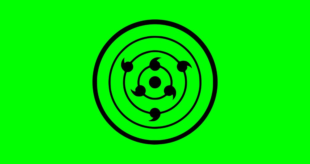 Minimalist Naruto wallpaper with Sasuke Uchiha Six Paths Rinnegan black tomoe eye green background