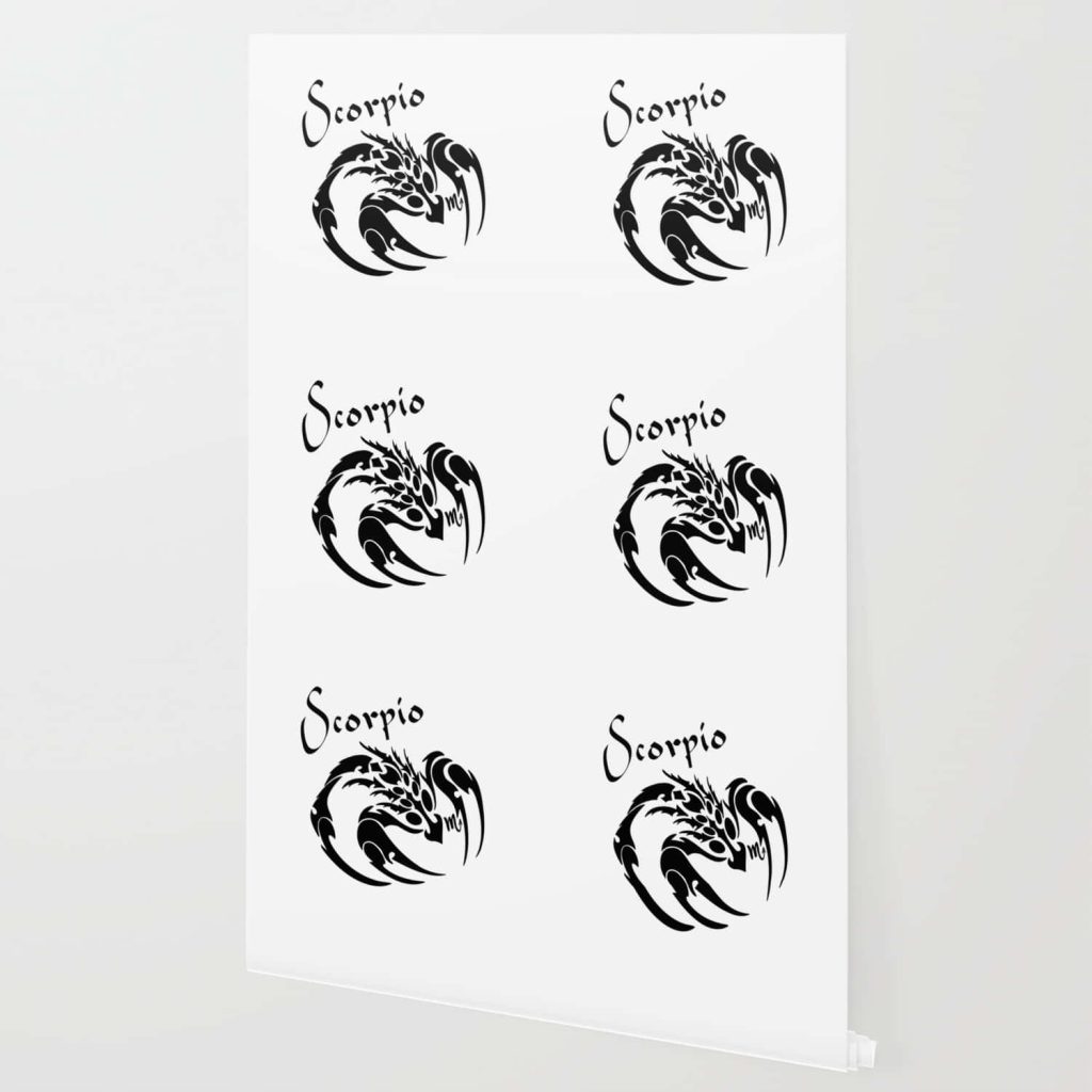 Black and white Scorpio wallpaper with tribal scorpion pattern and minimalist zodiac text background