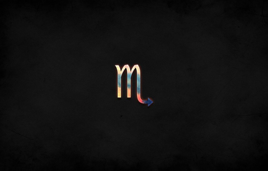 Minimalist Scorpio zodiac wallpaper with vibrant nebula gradient on dark textured background