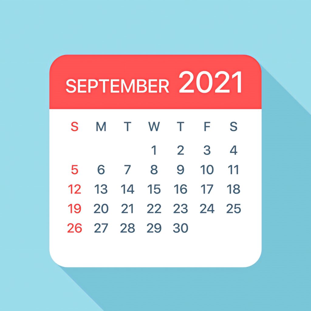 Minimalist September 2021 calendar wallpaper with bold red white accents on soft blue background