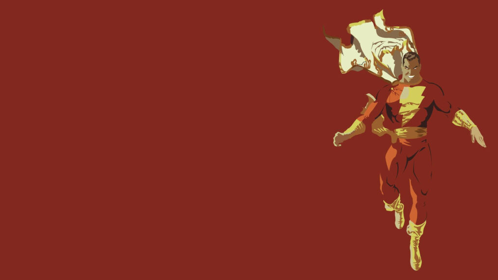 Minimalist Shazam superhero in red gold suit with lightning bolt on solid red wallpaper background