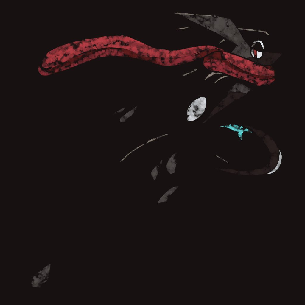 Shiny Greninja digital ink wallpaper with red scarf and teal accents on black background
