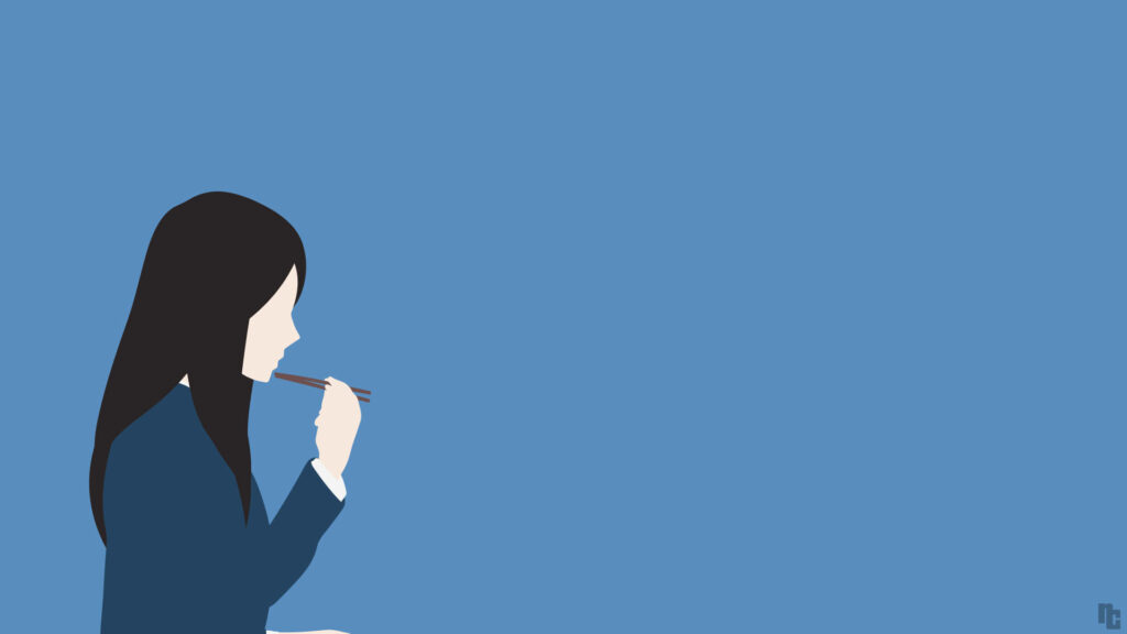 Minimalist vector wallpaper of Shuko from Ao Haru Ride eating with chopsticks on blue background