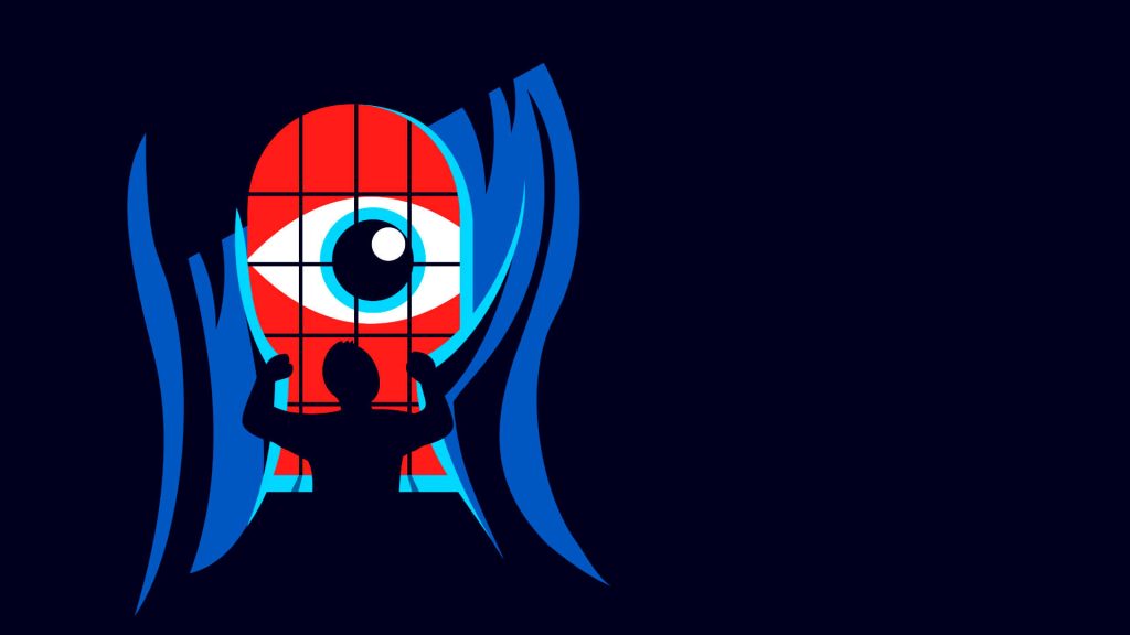 Minimalist poster with silhouette and large eye behind grid in red and navy abstract waves background Wallpaper