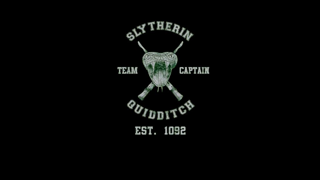 Minimalist Slytherin Quidditch Team Captain emblem with serpent and broomsticks on black background Wallpaper