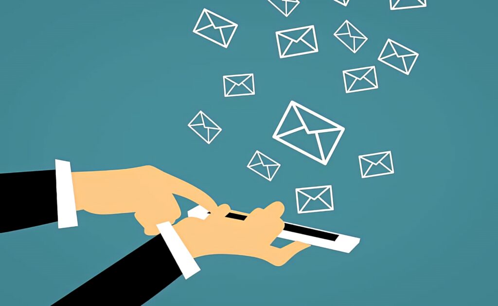 Minimalist wallpaper of hands using smartphone with flying email icons on clean blue background