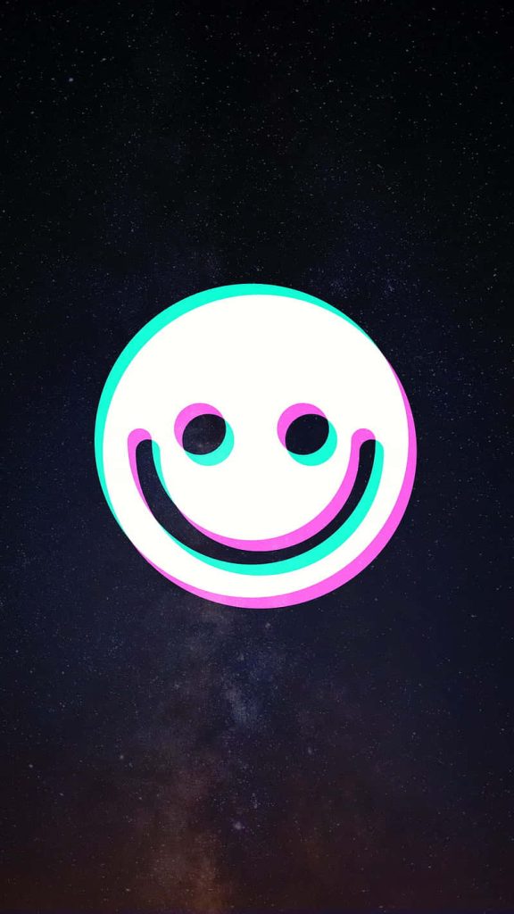 Minimalist smiley face with glitch effect on starry galaxy background vibrant cyan and magenta Wallpaper
