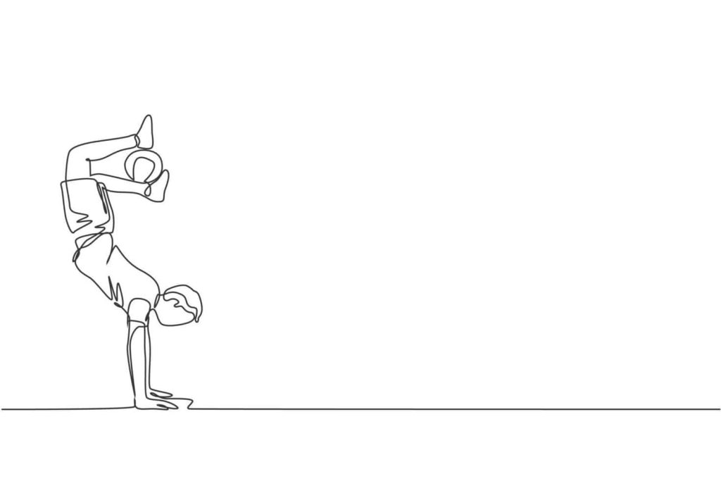 Minimalist continuous line art wallpaper of athlete doing freestyle soccer handstand trick black and white