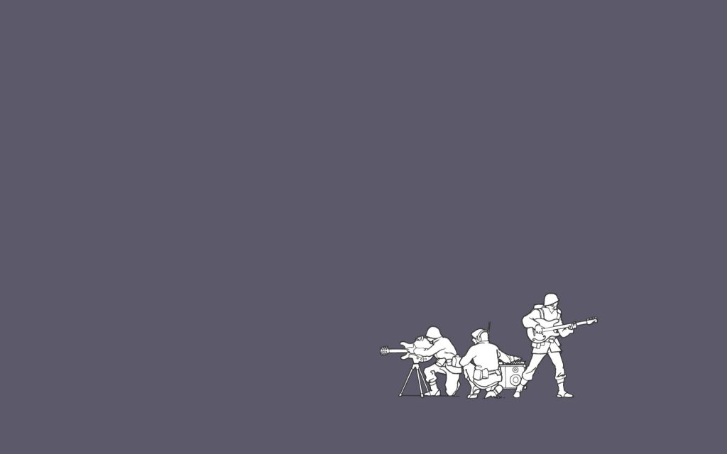 Minimalist wallpaper with three soldiers in combat gear playing instruments white line art