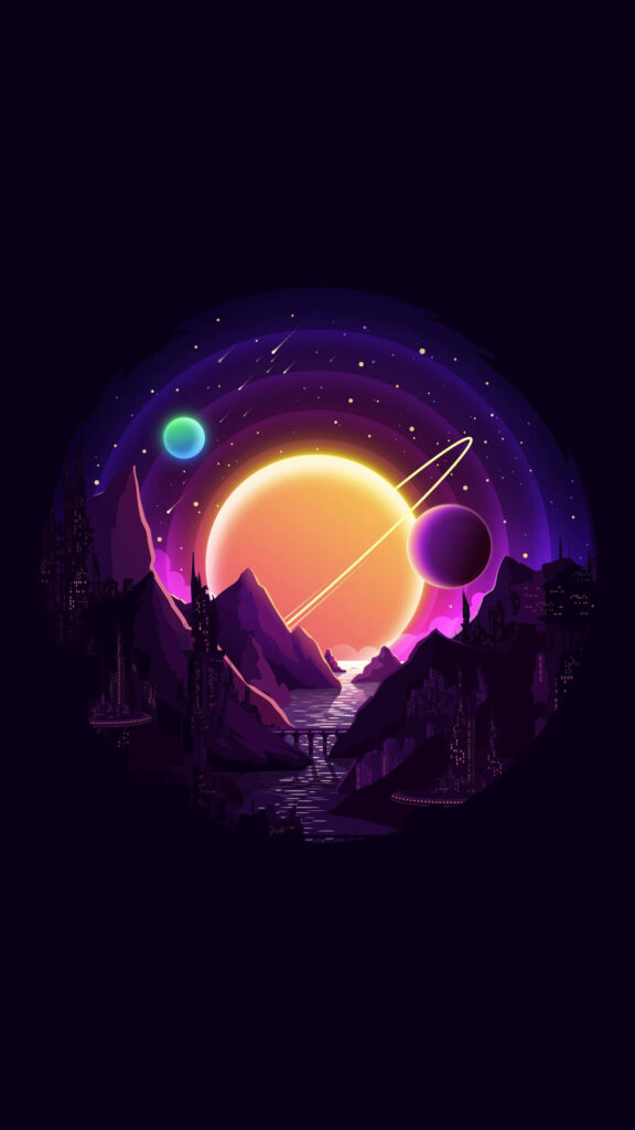 Minimalist Celestial Space Wallpaper: Planets, Stars & Cityscape