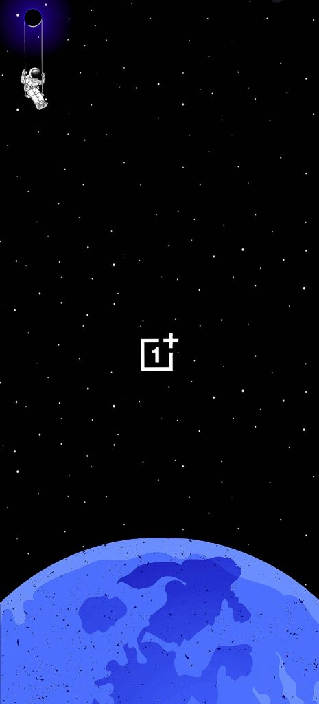 Minimalist space wallpaper with white OnePlus logo and astronaut on swing in starry black void