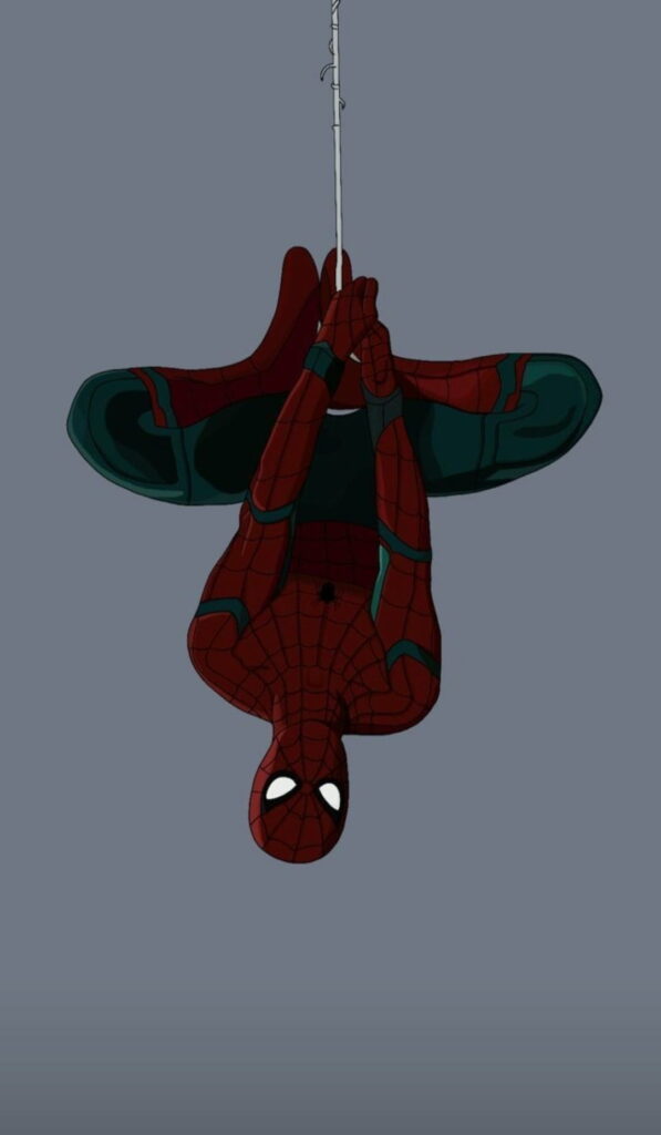 Minimalist HD Spider-Man wallpaper hanging upside down on web with simple grey background