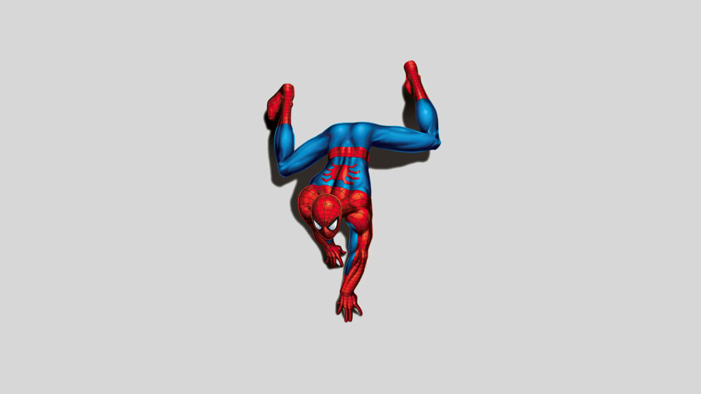 Minimalist Spiderman Wallpaper: Dynamic Upside-Down Art on Grey