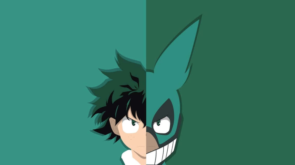 Minimalist Split Design Wallpaper: Cute Character & Mask in Green Gradient