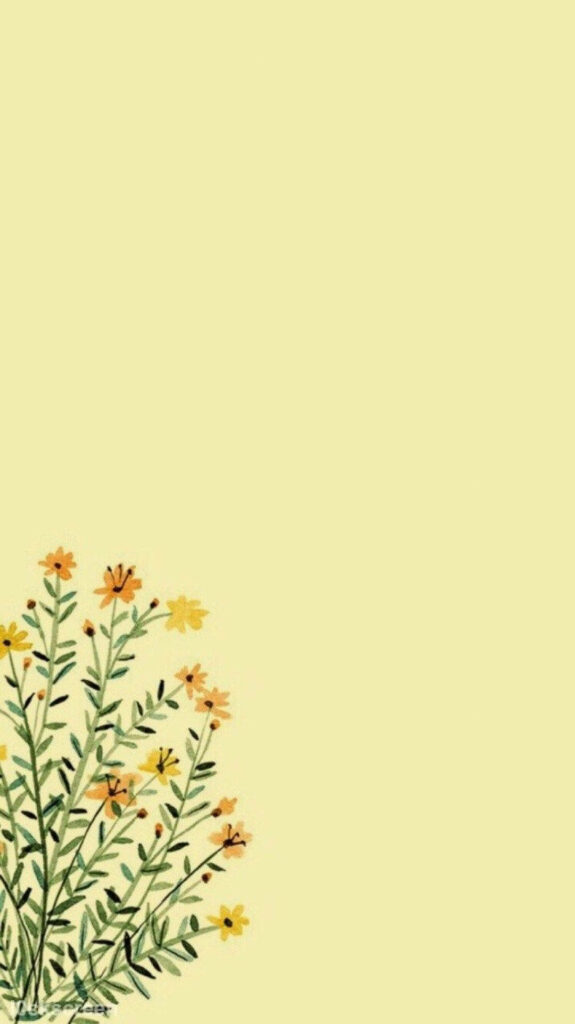 Minimalist Spring Wallpaper: Soft Yellow, Green Foliage & Colorful Flowers
