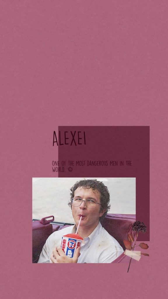 Minimalist Stranger Things wallpaper of Alexei Smirnoff drinking Slurpee on dusty pink background