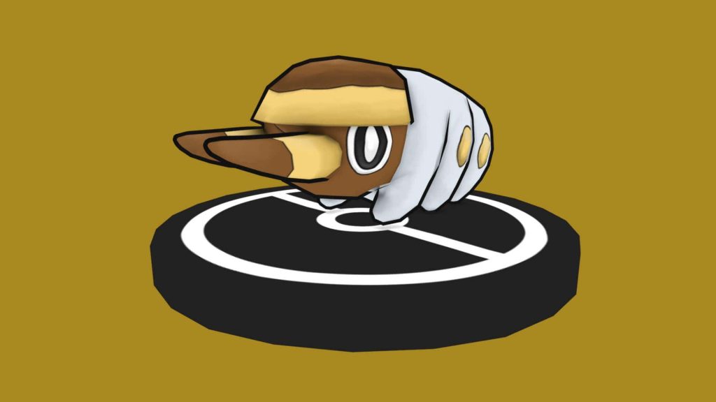 Minimalist Stunfisk Pokémon digital illustration on black platform with mustard yellow background wallpaper