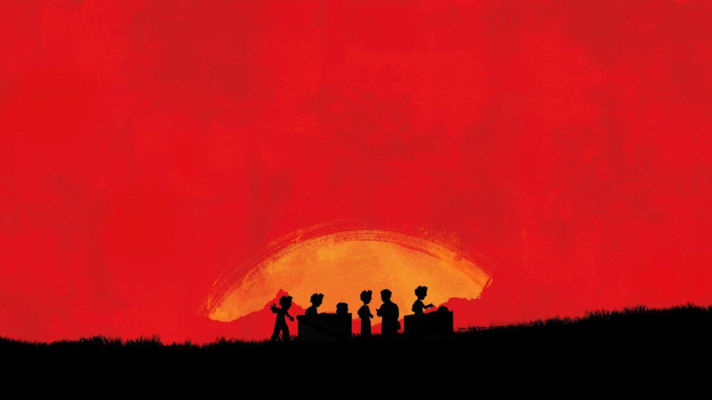 Minimalist Sunset Wallpaper: Silhouetted Figures Inspired by *RDR2*