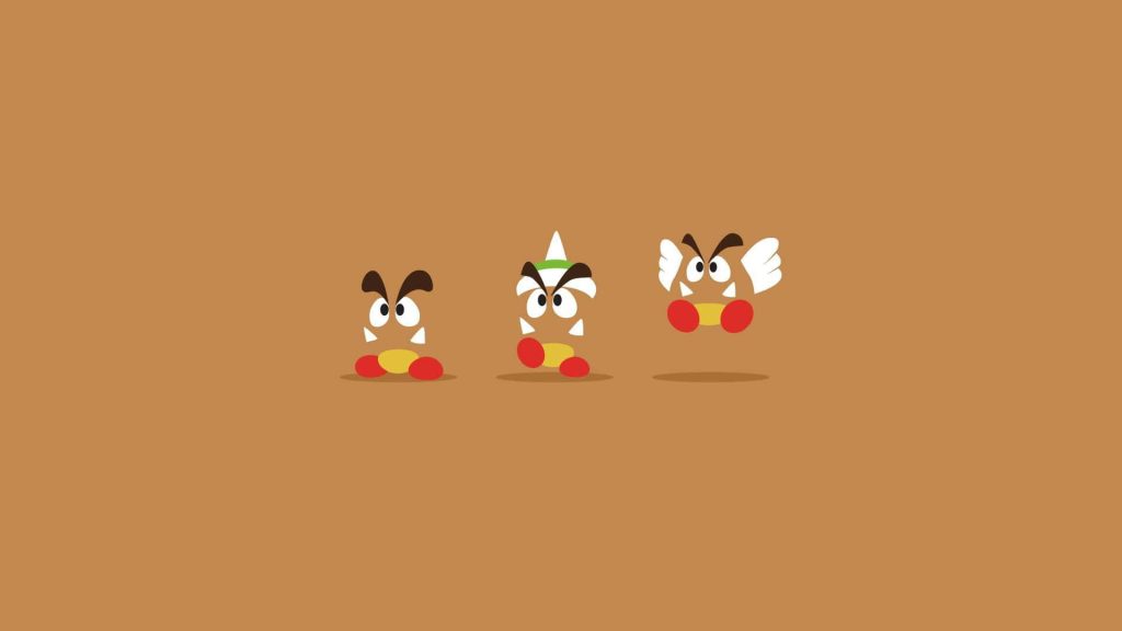 Minimalist wallpaper with three iconic Super Mario Goomba variations on tan background