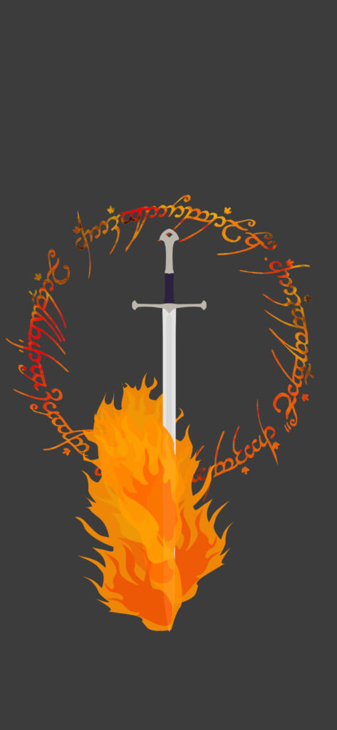 Minimalist Sword Wallpaper with Flames & Elvish Script Background