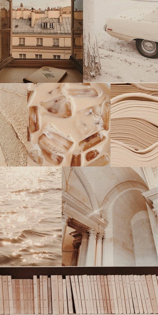 Tan aesthetic wallpaper collage with Paris rooftops vintage cars iced coffee and architecture