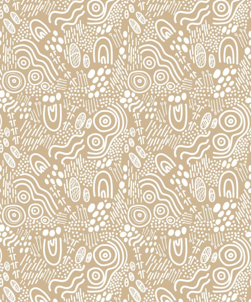 Minimalist tan wallpaper with white concentric circles arches and organic dots on beige background