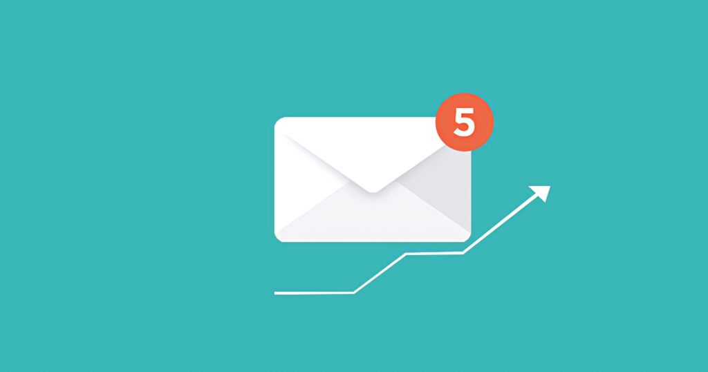 Minimalist digital wallpaper with white envelope and red five notification on teal background with upward arrow graph