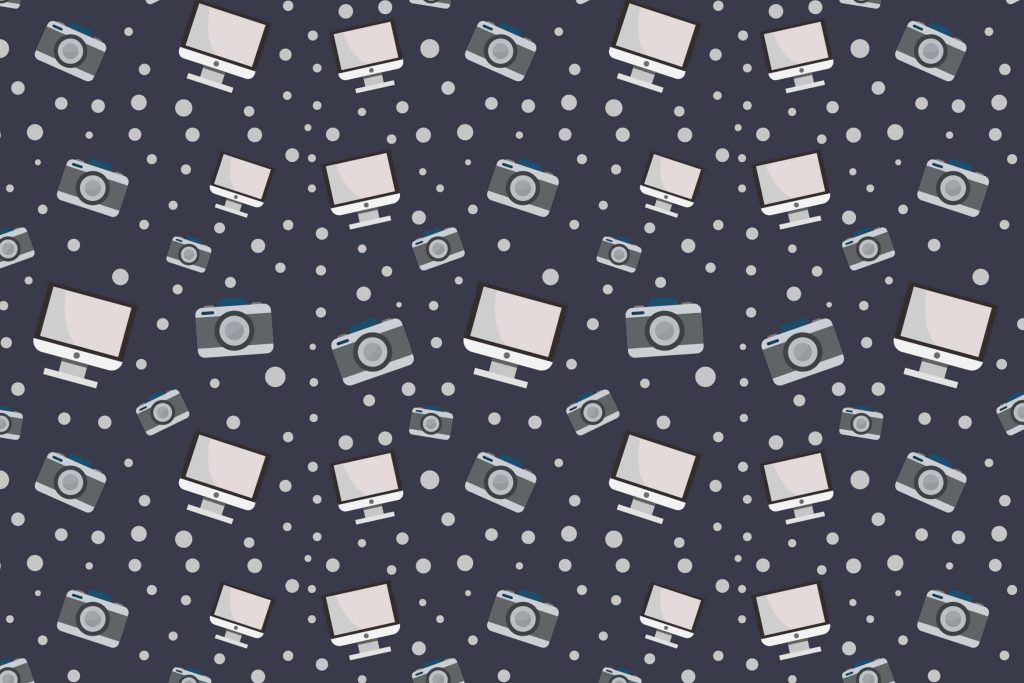 Minimalist tech wallpaper with seamless flat vector monitors and cameras on dark blue background